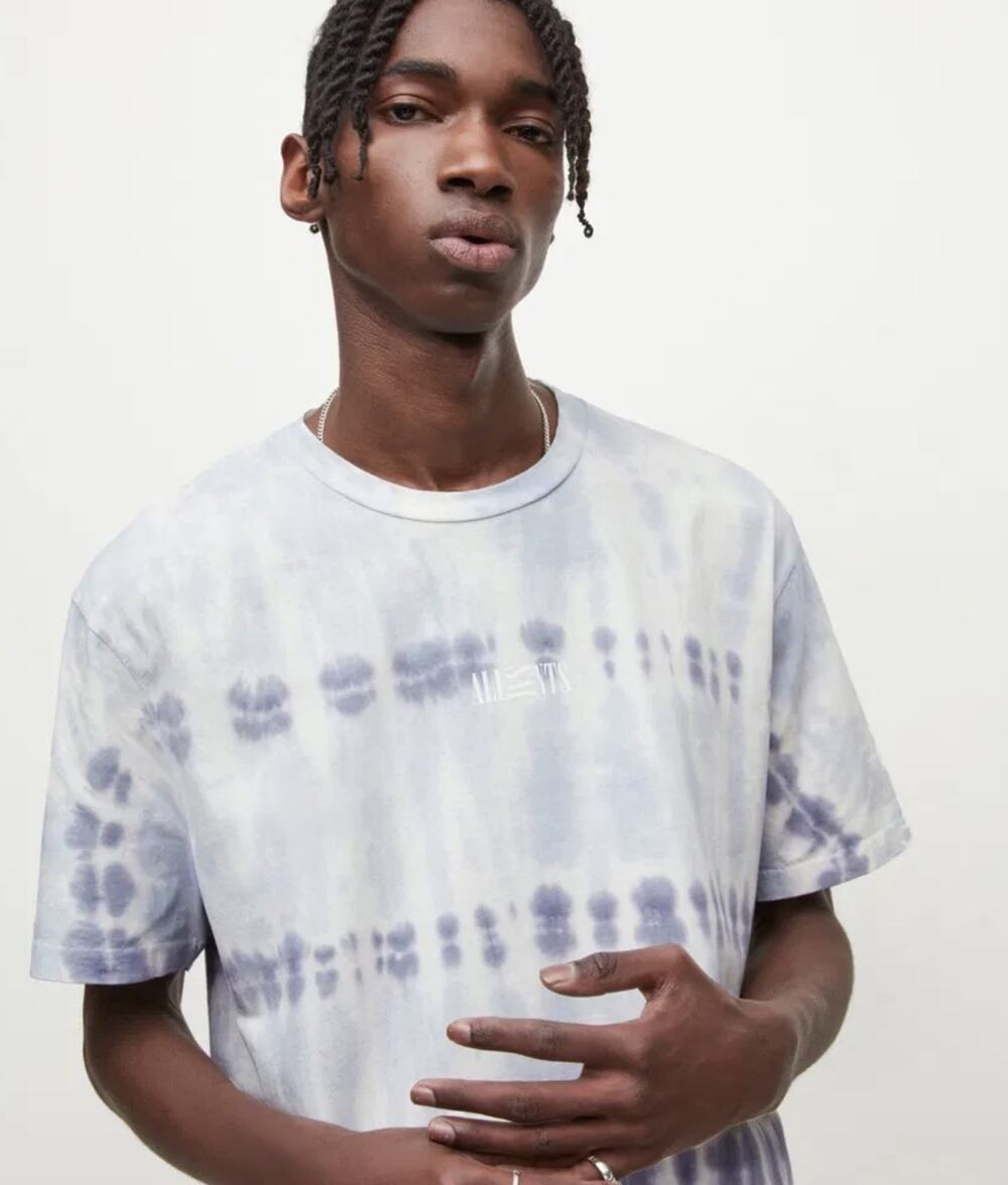 AllSaints Oversized Tie Dye Graphic Tee Mens XL Grey White Shibori T-Shirt